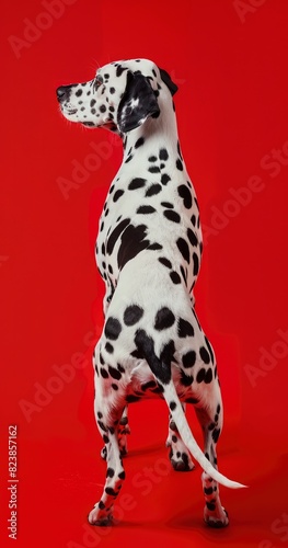 a dalmatian dog with its tail up against a solid red background
