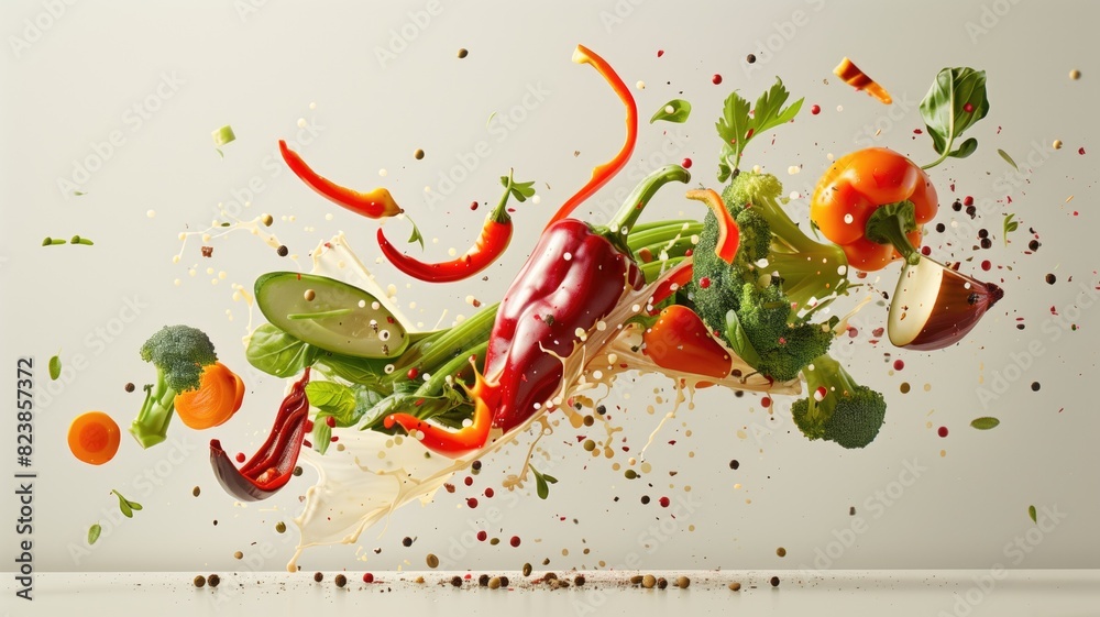 An explosion of colorful vegetables in mid-air, showcasing a variety of fresh produce against a light background. An explosion of colorful vegetables in mid-air, showcasing a variety of fresh produce against a light background.