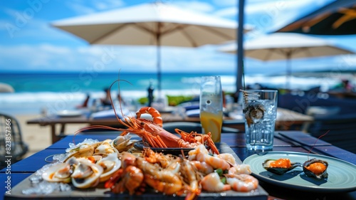 A close-up of a seafood platter with various seafood items, set at a beachside restaurant with umbrellas and ocean view.