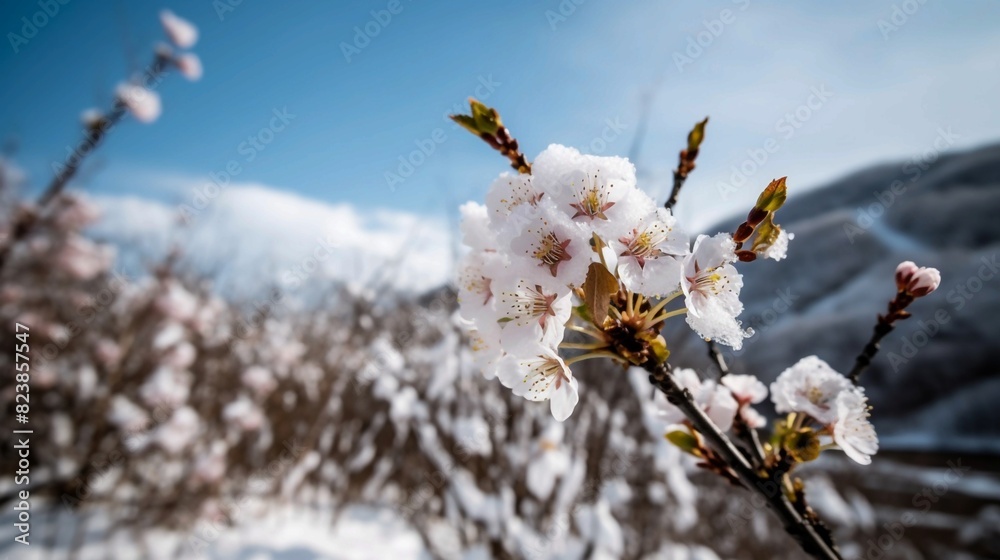 Cherry Blossoms Amidst Snow-Capped Mountains, Snow-Kissed Cherry Blossoms Against Majestic Mountain Backdrop. Generative AI