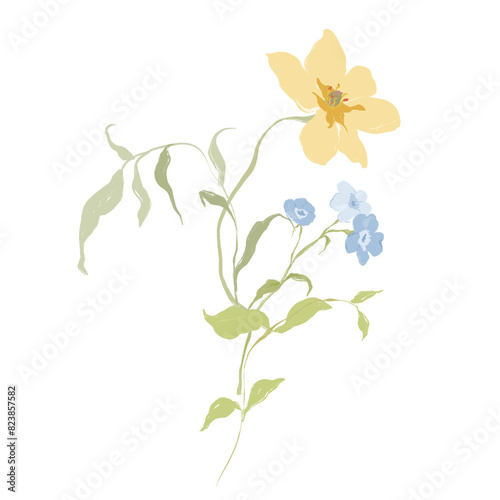 Watercolor abstract flower bouquet of narcissus and forget-me-not. Hand drawn floral card of wildflowers isolated on white background. Holiday Illustration for design, print, fabric or background.