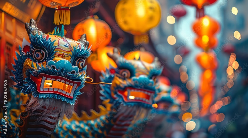 Fototapeta premium Vibrant chinese dragon dance costumes in a colorful festive celebration scene