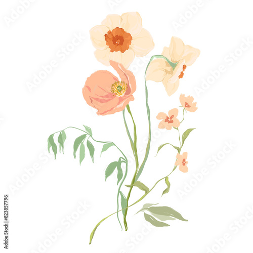 Watercolor abstract flower bouquet of poppy and narcissus. Hand drawn floral card of wildflowers isolated on white background. Holiday Illustration for design, print, fabric or background.