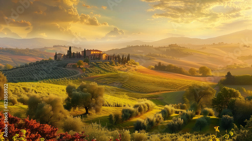 tuscan cypresses  picturesque hills  meandering pathway  and a charming villa illuminated by the warm glow of sunset in Tuscany  Italy