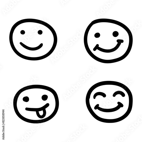 Doodle Emoji face icon set. Vector hand drawn emoticon characters. Cartoon comic symbol hand drawn isolated on white background.