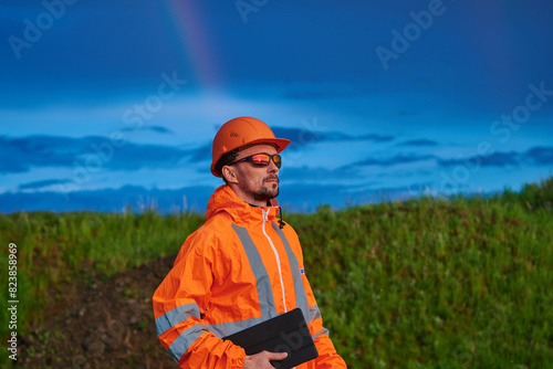 A man in a raincoat, a protective helmet, glasses and boots against a background of cloudy sky and a rainbow