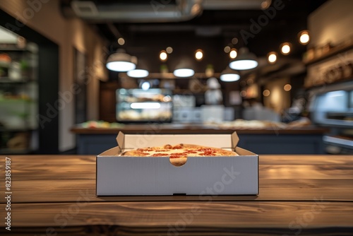 Open pizza box with pizza on wooden table