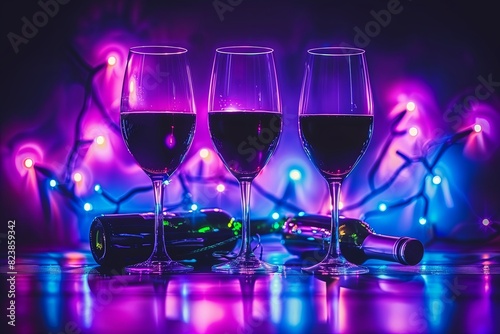 wineglasses on a colored background. Studio photo. Club party aesthetics. Close-up