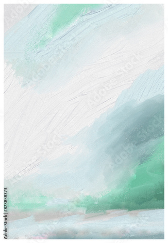 Impressionistic Landscape Cloudscape Digital Painting Art Illustration in Aqua Light Green   Blue with Paint   Canvas Texture