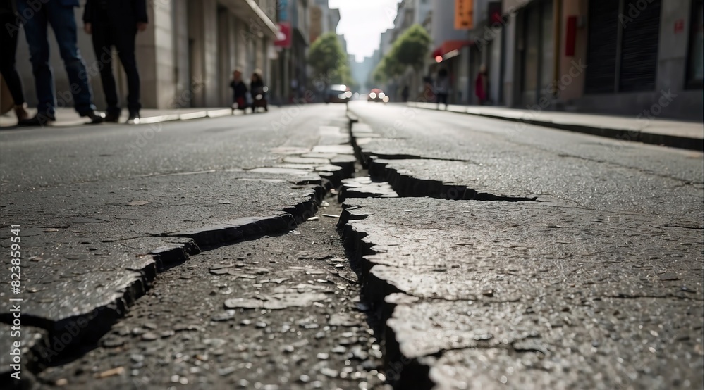 street road with a long crack, depicting the effects of an earthquake street road with a long crack, depicting the effects of an earthquake