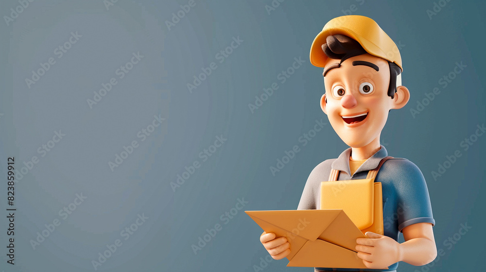 Closeup 3d cartoon courier man character holding letter envelope on color background with space for text Closeup 3d cartoon courier man character holding letter envelope on color background with space for text