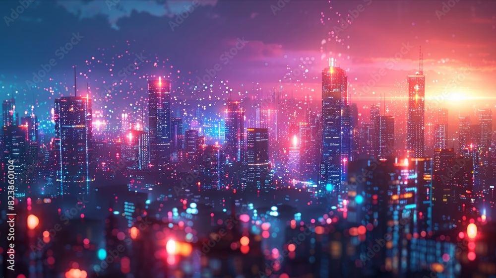 Fototapeta premium High-tech metropolis skyline with illuminated data streams reflecting in water