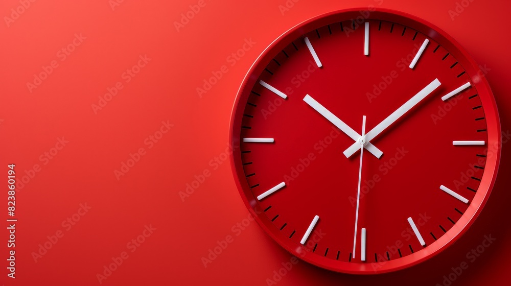 Red clock on wall with negative space Red clock on wall with negative space