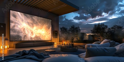 Ultimate Outdoor Movie Experience: Large Screen, Comfy Seating, and Immersive Audio. Concept Outdoor Movie Night, Big Screen Viewing, Cozy Seating, Surround Sound Audio, Outdoor Cinema photo