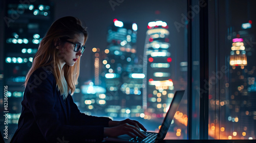 Closeup business woman working on laptop at the dark office room against the window looking to the cityscape building with lights © Malgorzata