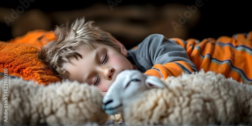 Imagining Playful Sheep: A Young Boy's Restful Moment. Concept Children's Story, Imaginary Friends, Relaxation Techniques, Innocence of Childhood, Creative Play photo