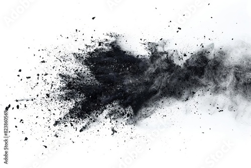 black chalk pieces and dust exploding and scattering dramatic effect isolated on white