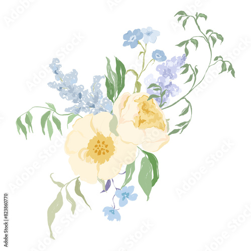Watercolor abstract flower bouquet of peony, lilac and forget-me-not. Hand drawn floral card of wildflowers isolated on white background. Holiday Illustration for design, print, fabric or background.