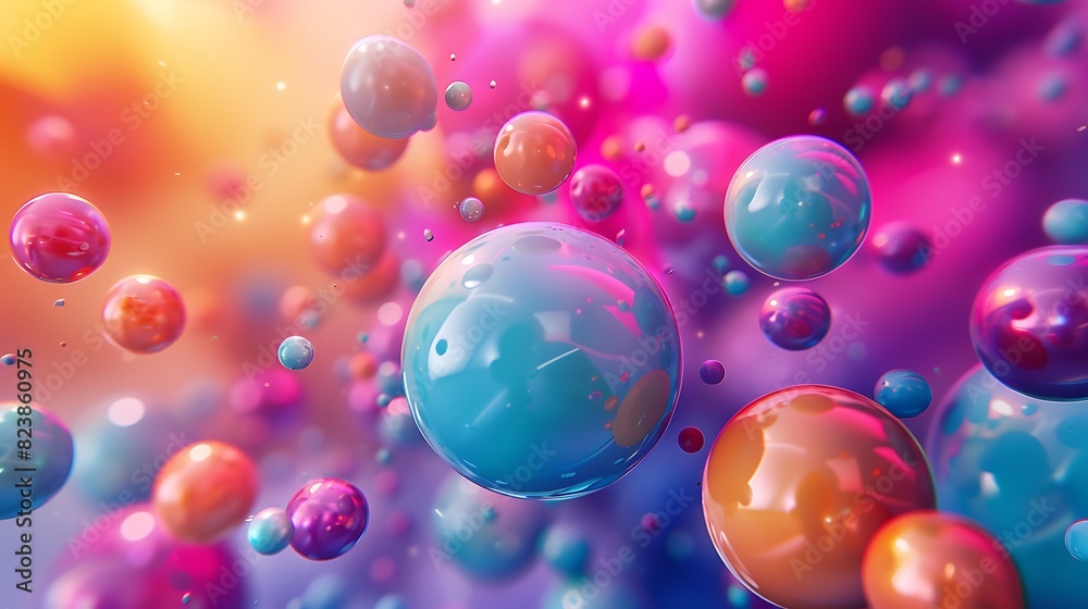 3D rendering of a colorful abstract background with floating glossy spheres. 3D rendering of a colorful abstract background with floating glossy spheres.