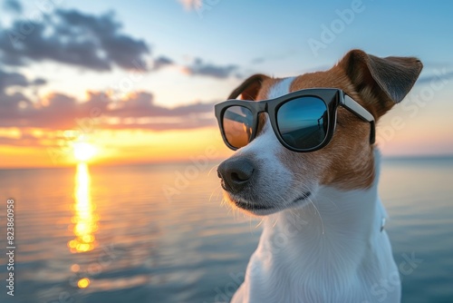 Sunset Glamour: Dog in Cool Sunglasses by Ocean's Horizon © Andrii 
