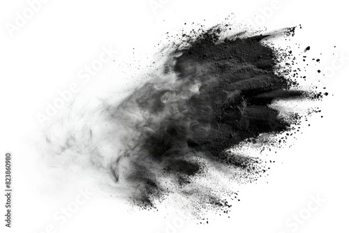 black chalk pieces and dust exploding and scattering dramatic effect isolated on white