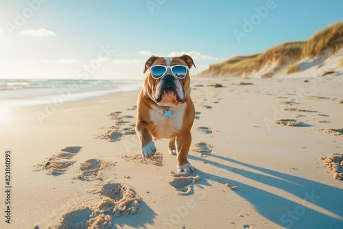 Beach Vibes: Bulldog in Sunglasses Taking a Morning Stroll