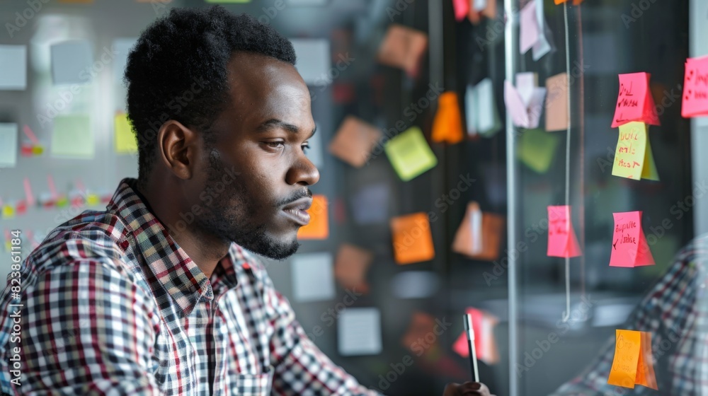 Man Brainstorming with Sticky Notes Man Brainstorming with Sticky Notes