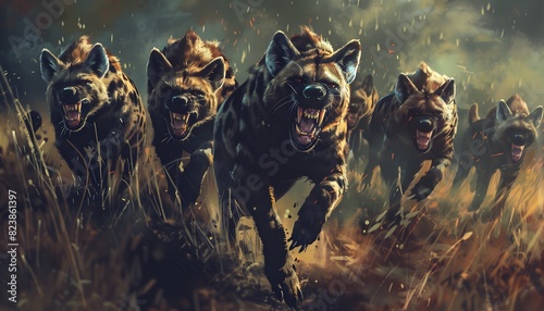 Fierce Pack of Hyenas in Action photo