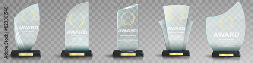 Glass award trophy set. Transparent prize template. Winner first place concept. Vector illustration. Winner glass trophy. First place award, crystal prize and signed acrylic trophies. Glass awarding t