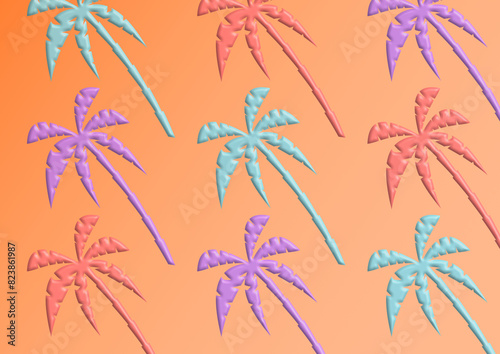 Illustration of palmtrees with different colors, on a peach background.