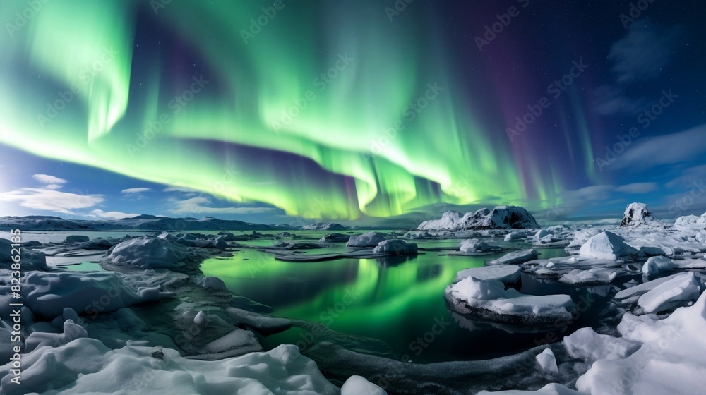 Stunning Aurora Borealis Over Icy Waters. Generative AI