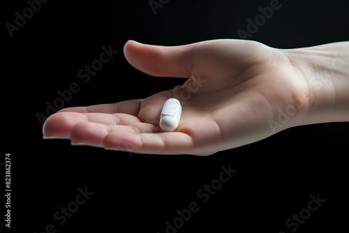 A man holds medicines in his hand. There is a pill in the palm, on a black background. Concept: health and vitamins, drug treatment, homeopathy