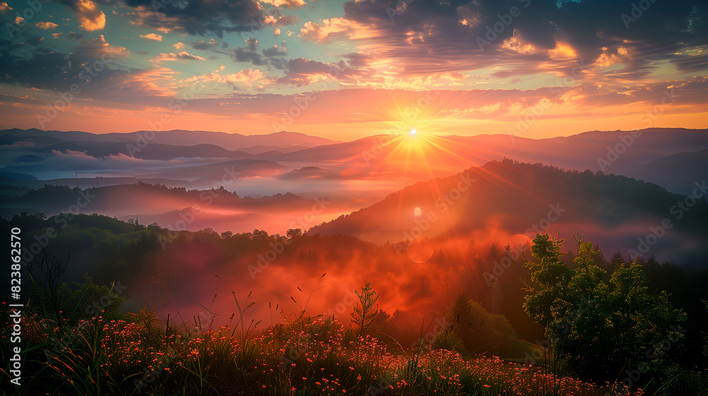 Sunrise visible over the mountains with a beautiful forest underneath Sunrise visible over the mountains with a beautiful forest underneath
