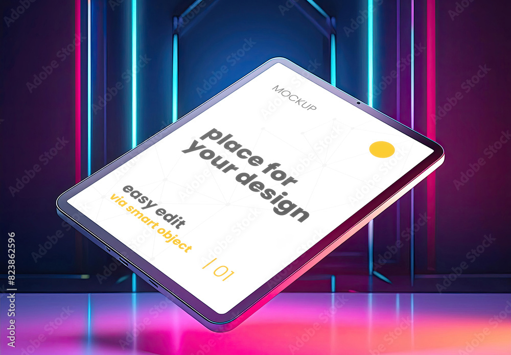 Floating Tablet Style Screen Floating Tablet Screen mockup with colorful tech background 05 ...