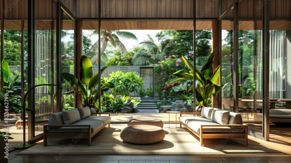 The photo shows a modern living room with a large glass window looking out onto a tropical garden