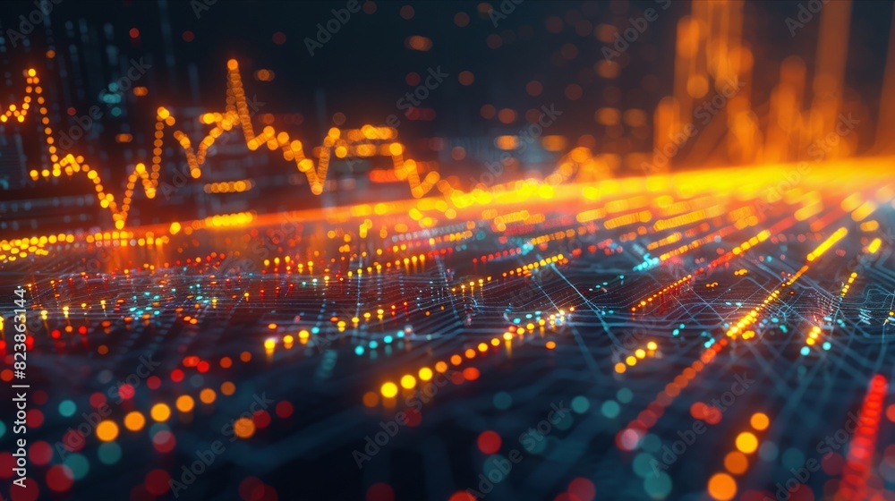 Obraz premium Vibrant stock market graph with yellow trend line and colorful data points