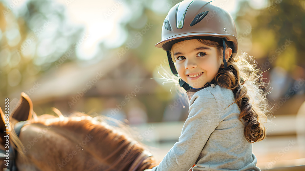 A cheerful young girl wearing a helmet, smiling while riding a horse outdoors, enjoying a sunny day and the adventure of horseback riding A cheerful young girl wearing a helmet, smiling while riding a horse outdoors, enjoying a sunny day and the adventure of horseback riding
