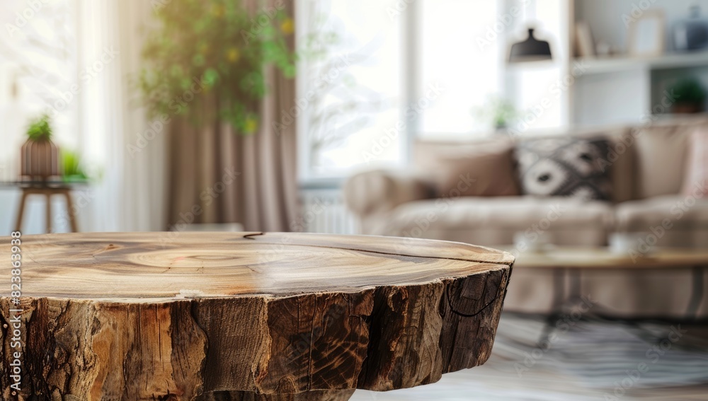 round wooden table with tree stump edges in focus and a blurred living room background web banner with available space Generative AI round wooden table with tree stump edges in focus and a blurred living room background web banner with available space Generative AI