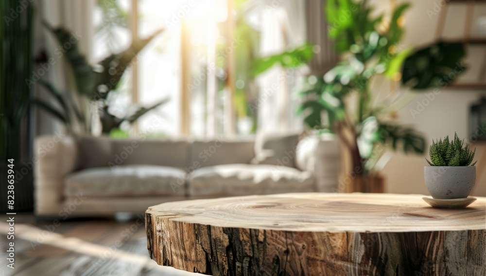 round wooden table with tree stump edges in focus and a blurred living room background Generative AI