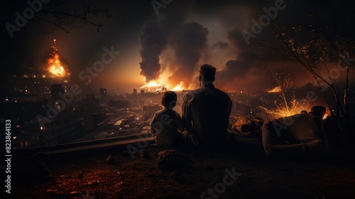 A dramatic apocalyptic scene showing two people watching a city engulfed in flames and smoke at night, implying disaster