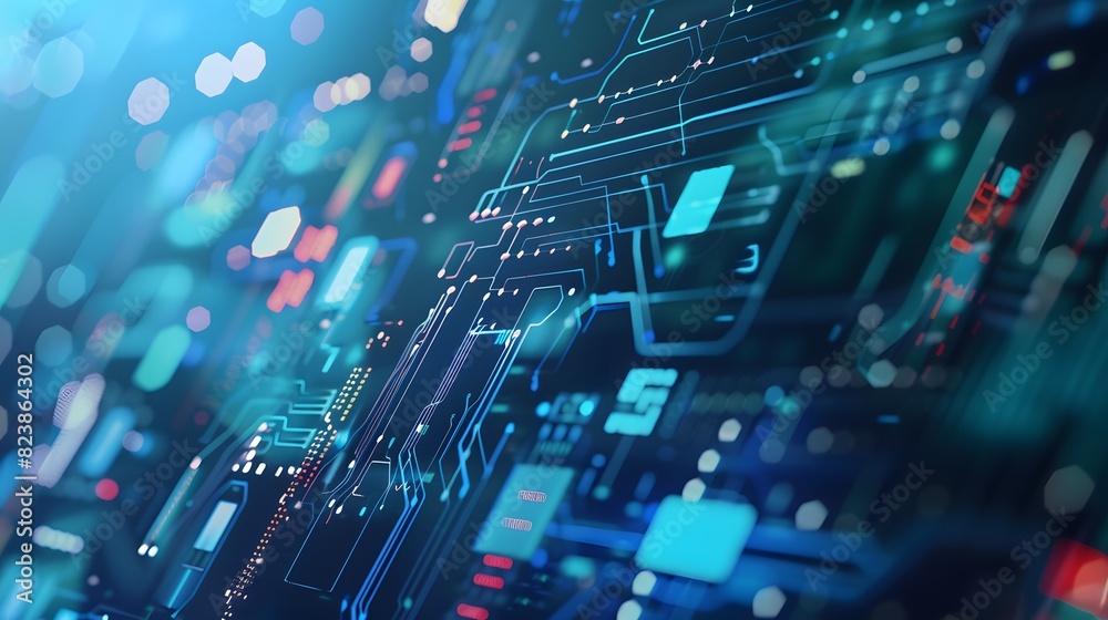 Obraz premium Futuristic digital interface showcasing neural networks, AI data processes, and complex data transfer in a vibrant tech setting.