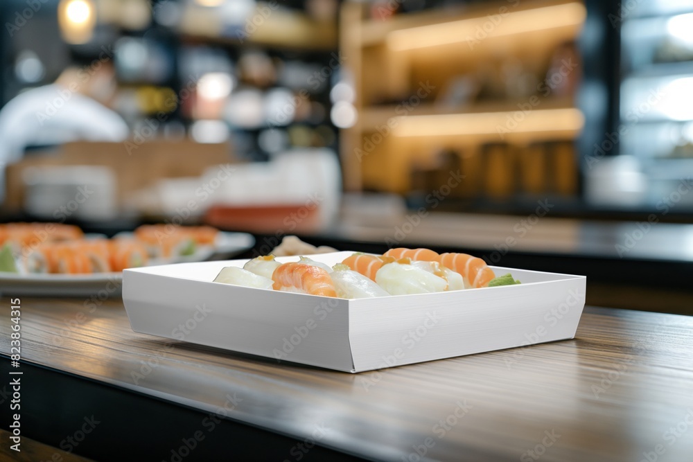 Sushi in an open takeout box