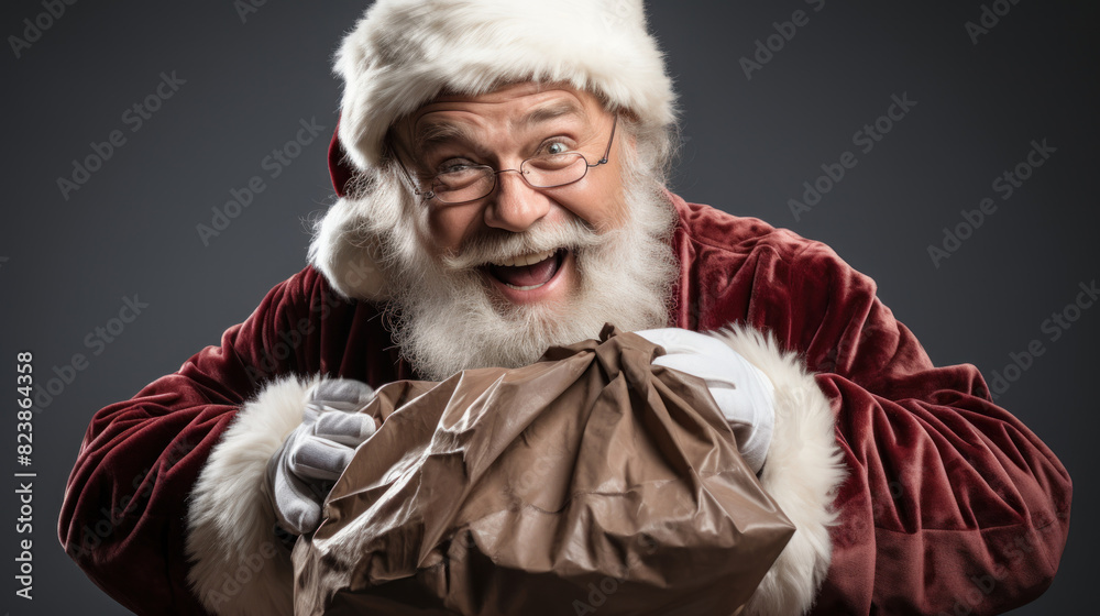Portrait of a joyful Santa Claus with a large brown sack, ready to deliver presents