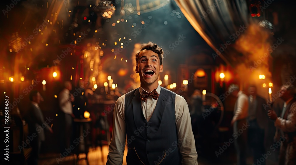 Overjoyed man in formal attire reacting to an exuberant celebration with fireworks Overjoyed man in formal attire reacting to an exuberant celebration with fireworks