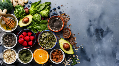 A vibrant selection of fresh fruits, vegetables, nuts, and seeds arranged on a gray background, emphasizing healthy and nutritious food choices.