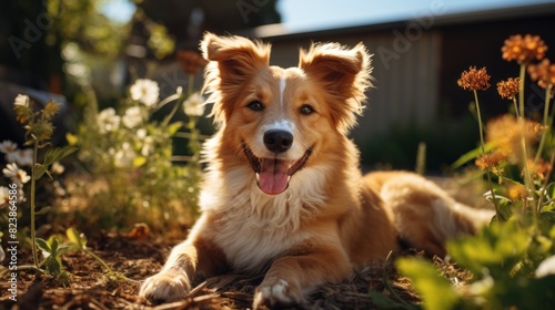 Adorable and happy fluffy dog lying down in a garden with sunset light warmly illuminating the scene