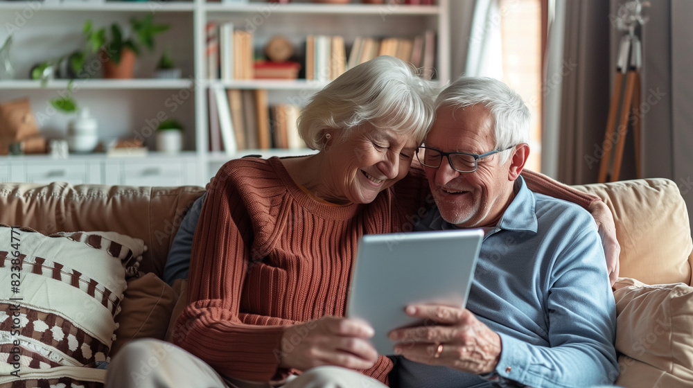 Elderly Couple Sitting on a Couch Using a Tablet