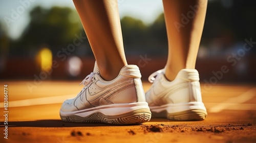 Detailed view of white sneakers on a clay tennis court with sportive connotation photo
