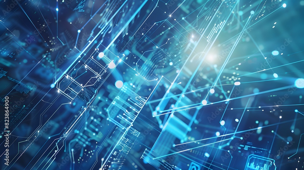 Futuristic digital interface with blue neural networks and data transfer visuals, representing advanced AI technology and connectivity.