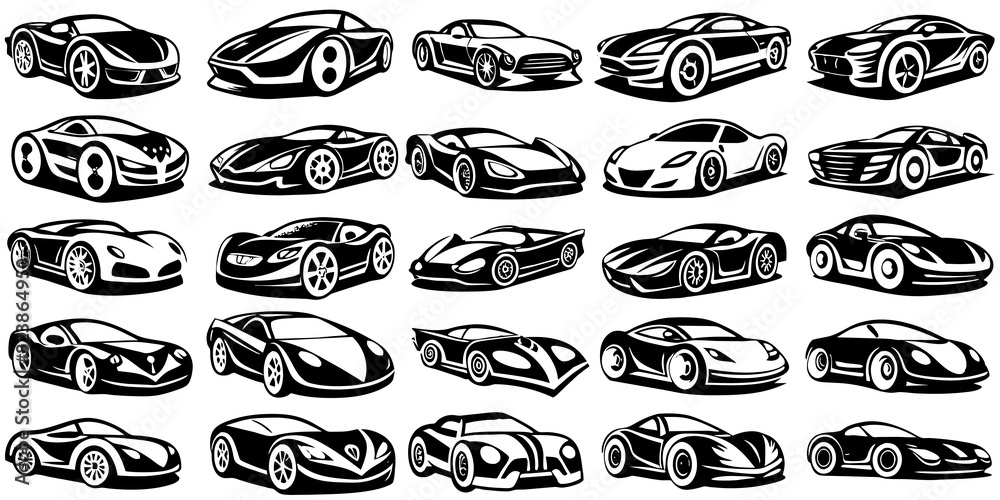 Sports car logo icon set. Motor vehicle silhouette emblems. Auto garage dealership brand identity design elements. Vector illustrations. Sports car logo icon set. Motor vehicle silhouette emblems. Auto garage dealership brand identity design elements. Vector illustrations.